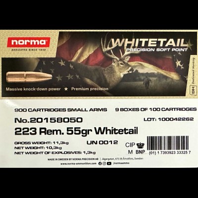Norma .223 Whitetail 55 gr Soft Point 900 Ammo Box